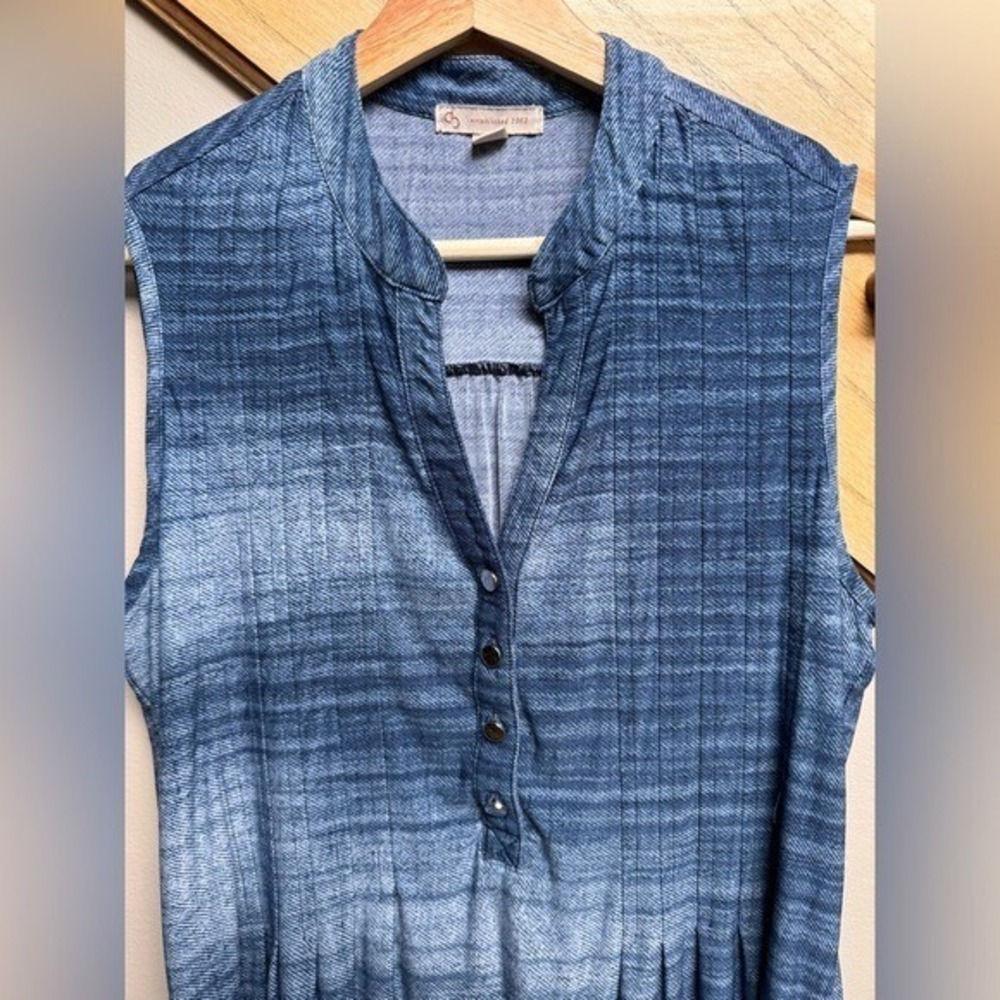 Sleeveless Tunic Top Plaid Blue Babydoll Flowy Oversized Faux Denim Coastal LG - Picture 2 of 6